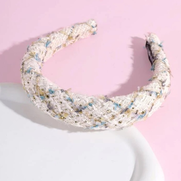 New! ✨ Soft Ivory Blue & Gold Woven Tweed Luxe Boutique Statement Headband